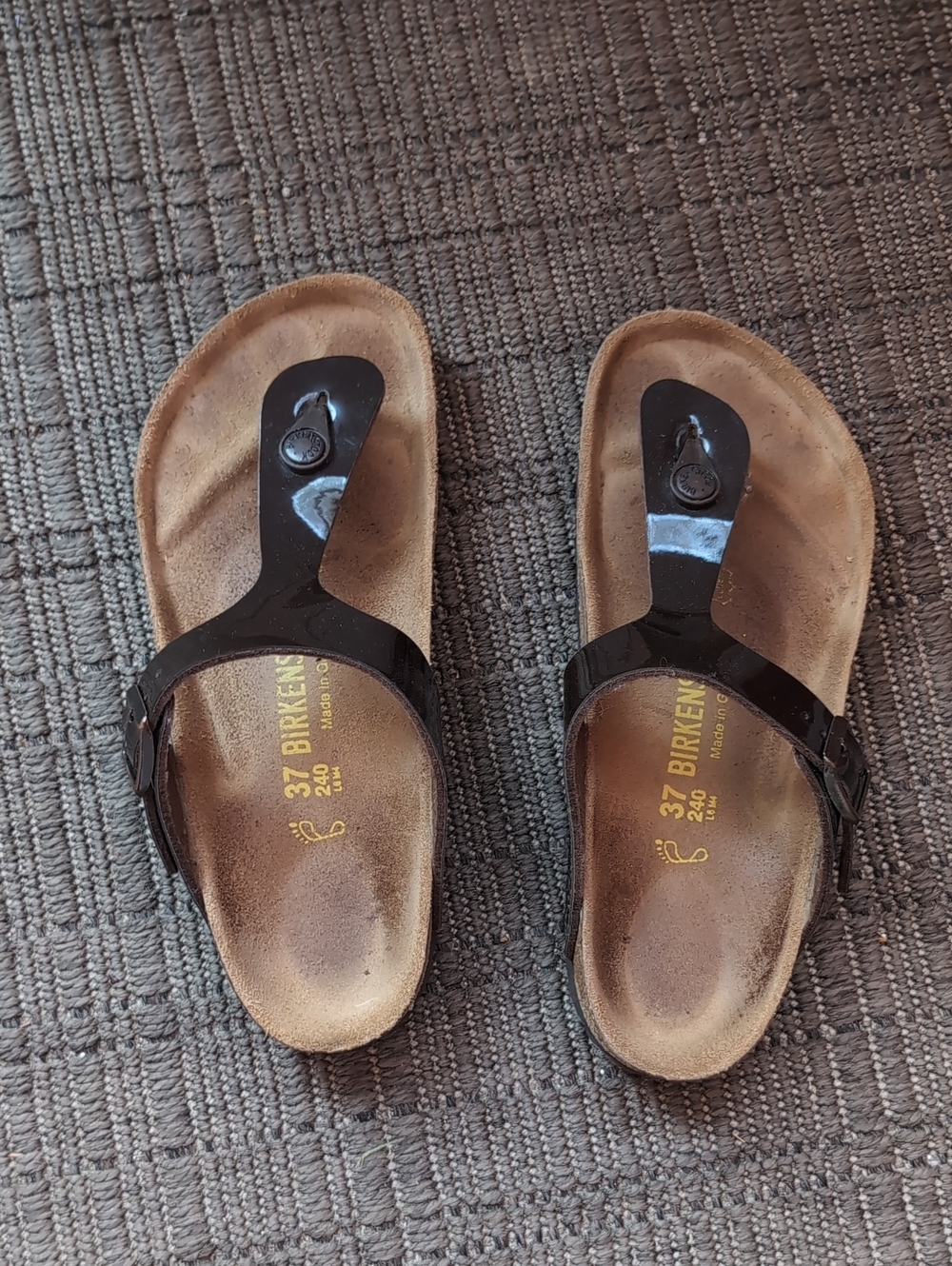 Birkenstock Dark Brown Patent Thong Sandals